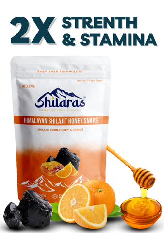 Shilaras Pure Himalayan Shilajit Honey Snaps with Orange for both Men & Women | 7 Sachets | 600mg Pure Shilajit per Sachet/Snap | Boost Strength, Stamina and Energy | 100% Ayurvedic