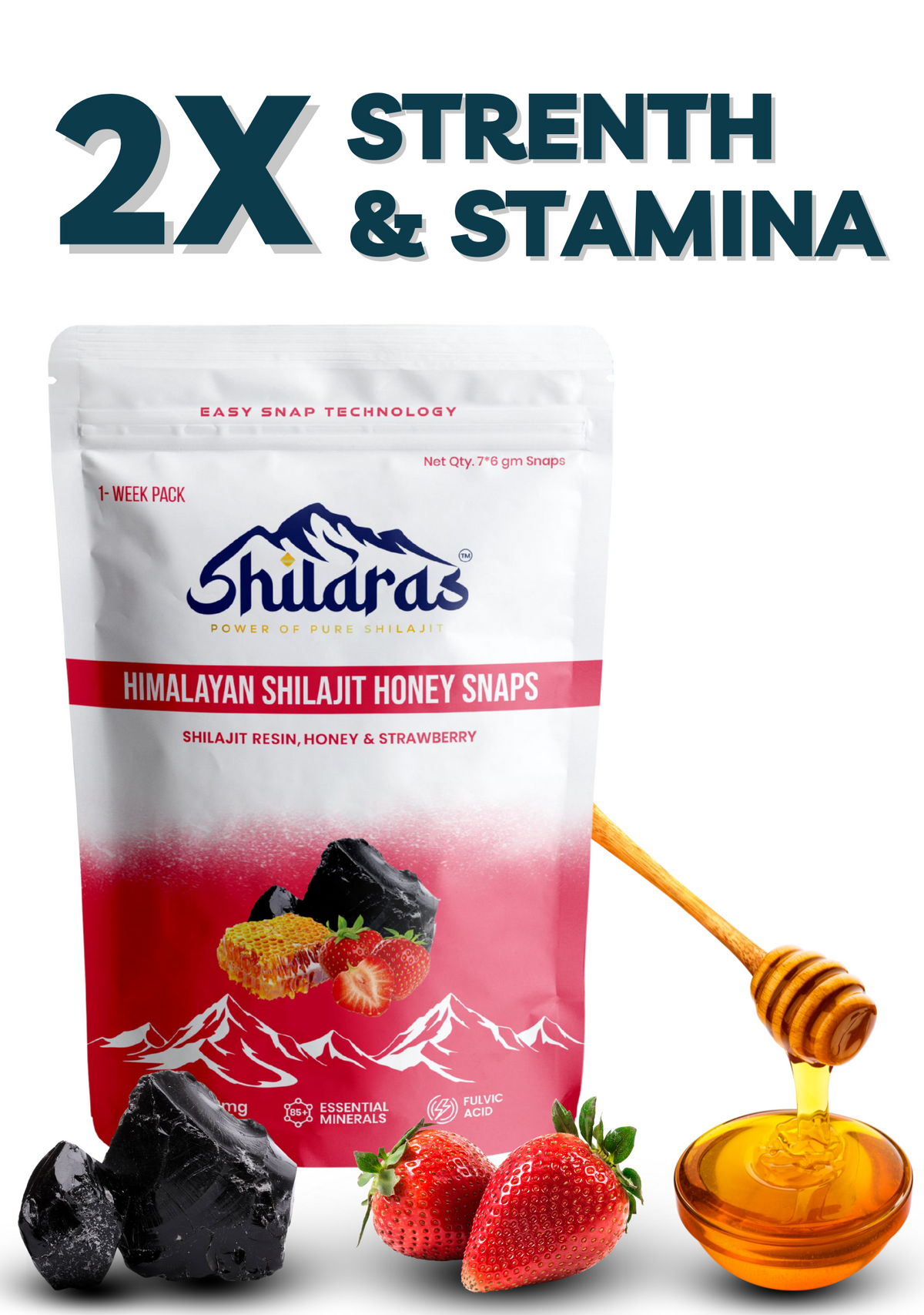 Shilaras Pure Himalayan Shilajit Honey Snaps with Strawberry for both Men & Women | 7 Sachets | 600mg Pure Shilajit per Sachet/Snap | Boost Strength, Stamina and Energy | 100% Ayurvedic